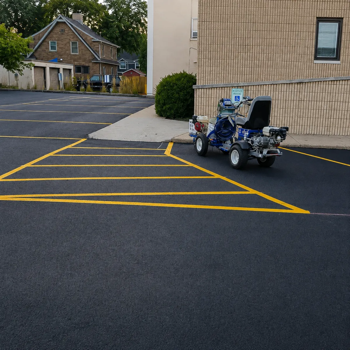 Fresh parking lot striping with accessible parking spaces and ADA pavement markings in Wisconsin