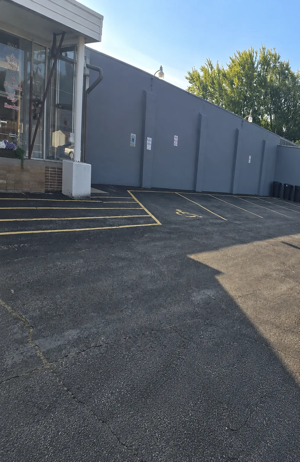 ADA parking space and access aisle markings beside a commercial building
