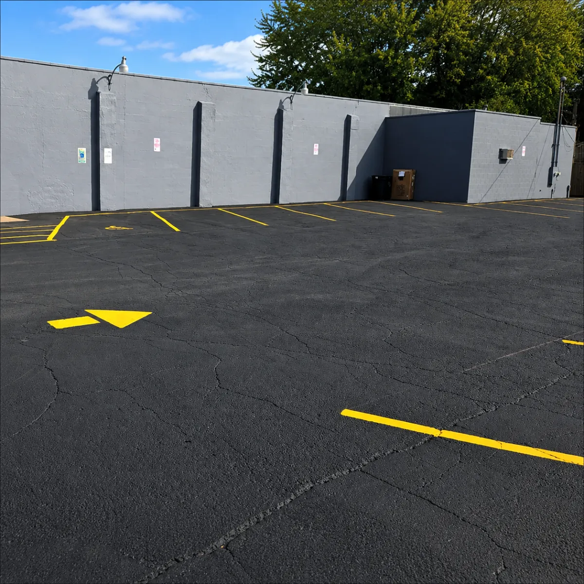 Commercial parking lot with fresh yellow striping, directional arrows, and an ADA parking space