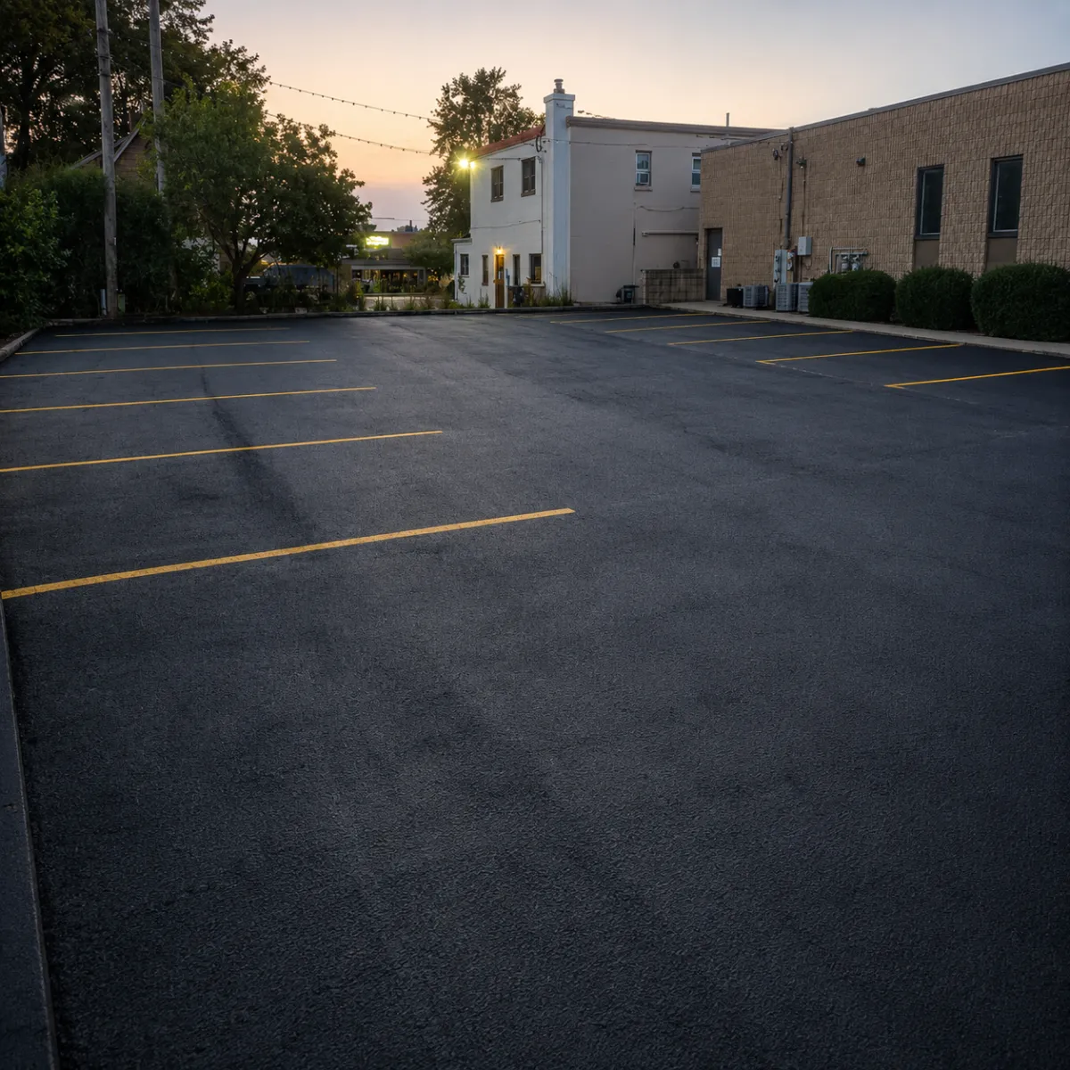 Freshly sealcoated commercial parking lot with yellow parking stall striping beside a business building