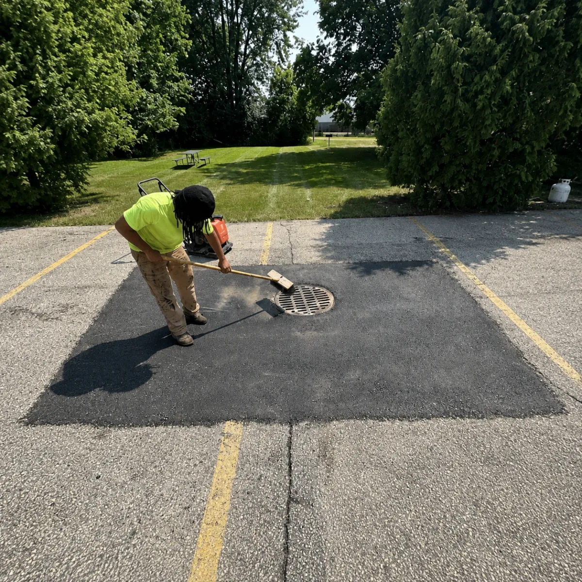 Worker repairing asphalt pavement around a storm drain in a parking lot