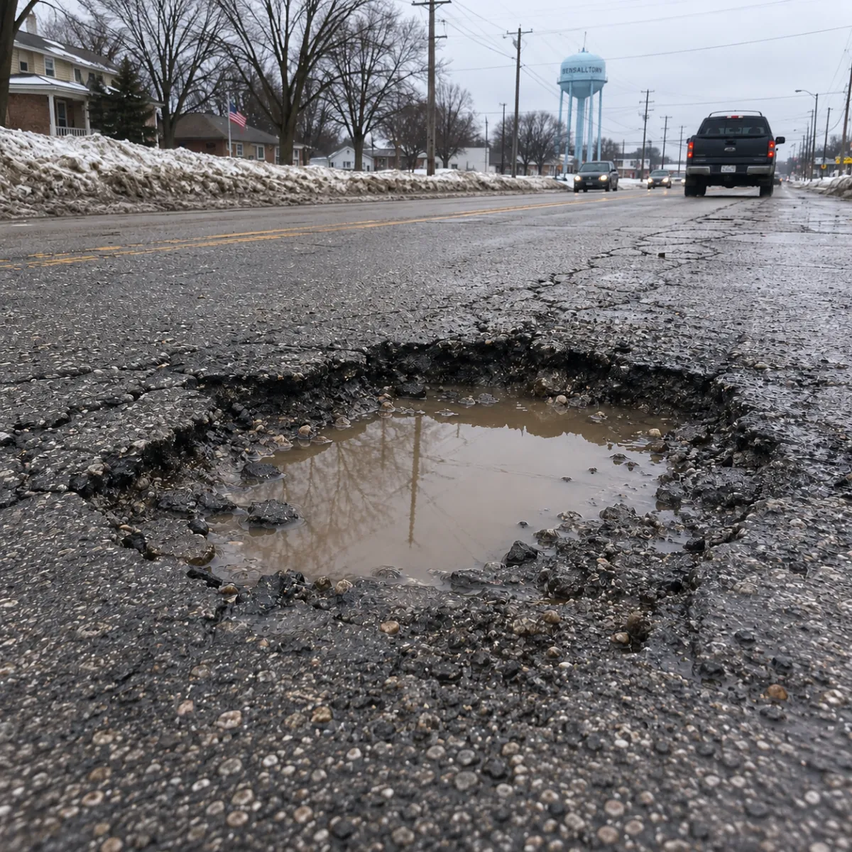 Large water-filled pothole in cracked asphalt roadway during winter conditions