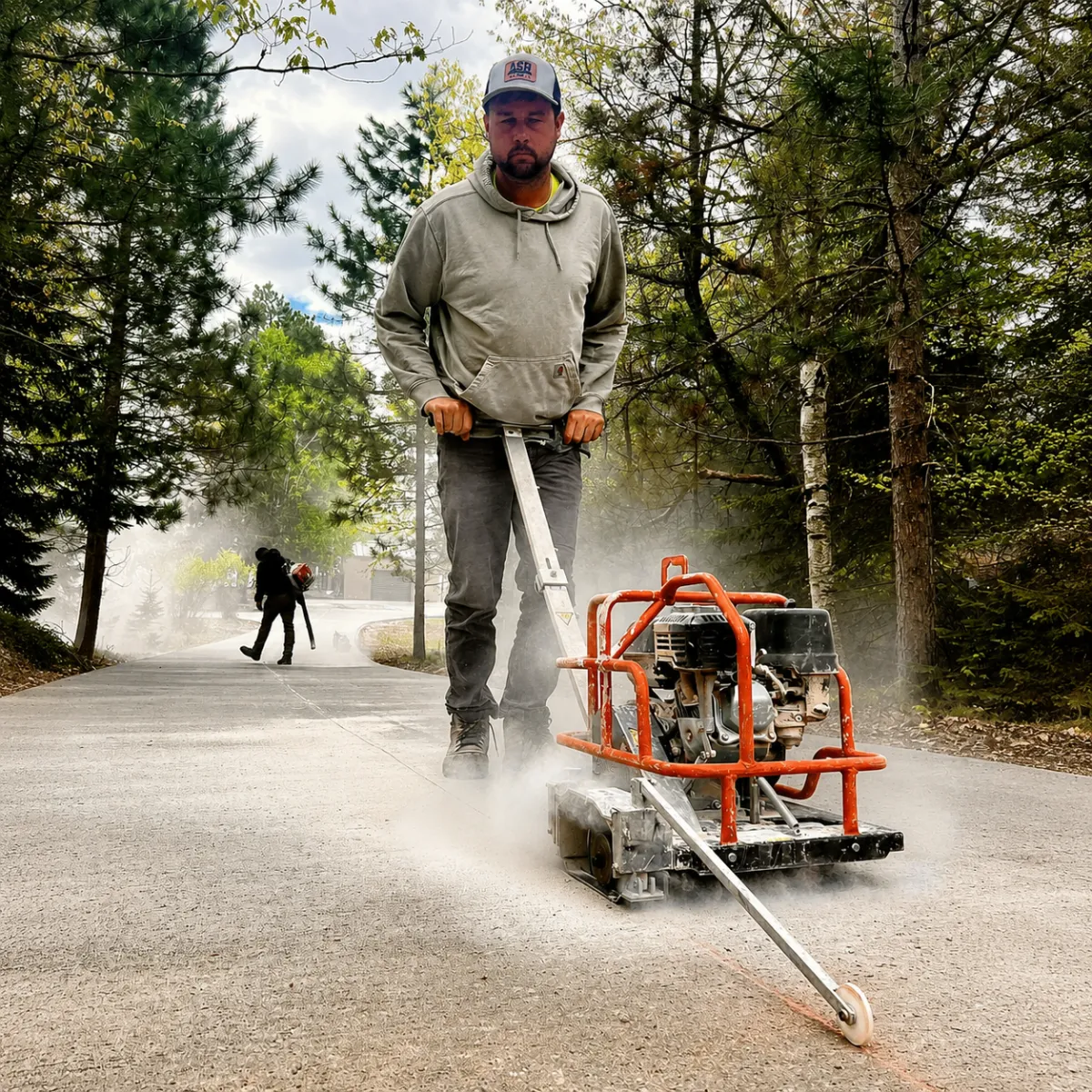Worker saw cutting asphalt pavement during a repair project in Wisconsin