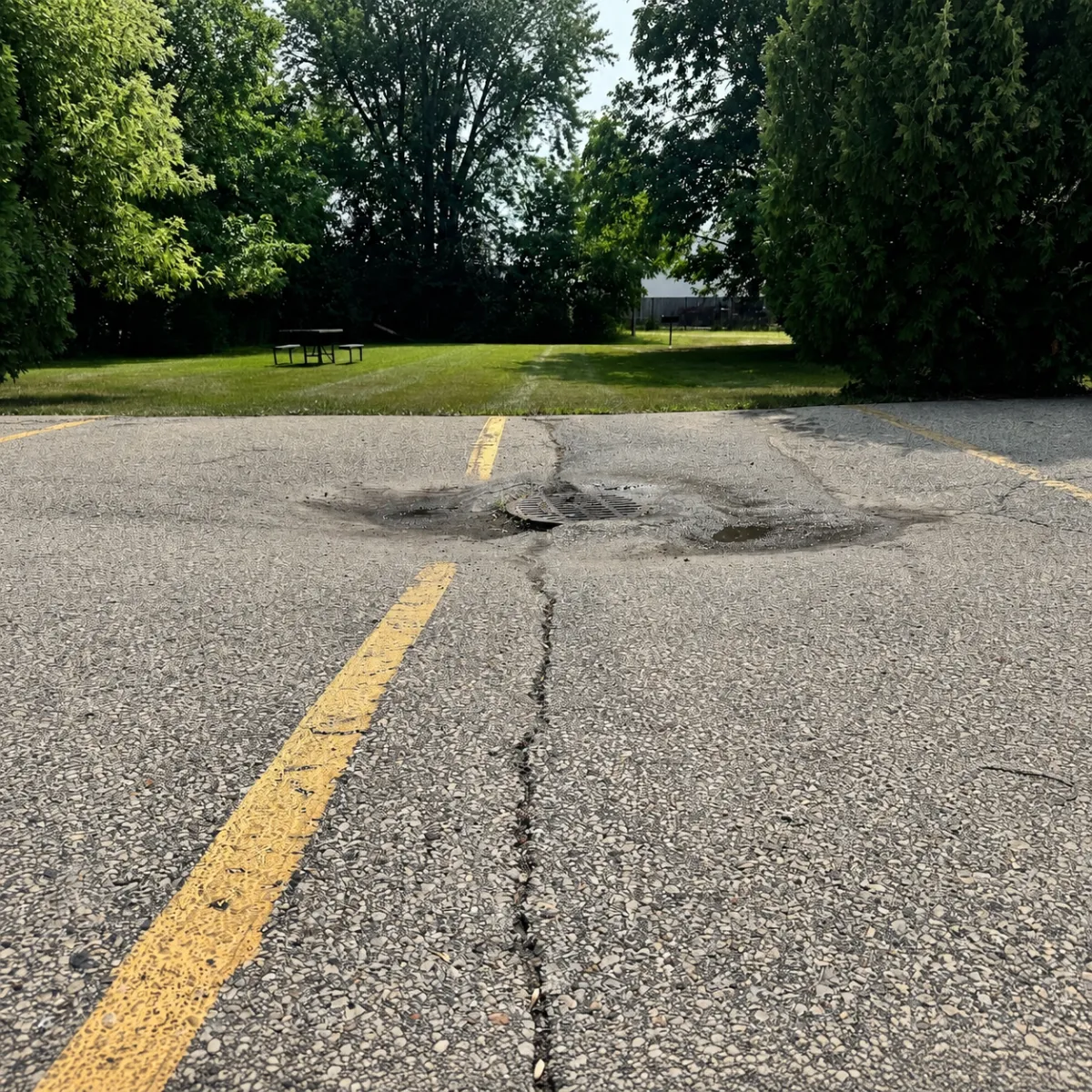Sunken catch basin showing pavement settlement and drainage elevation issues in a Wisconsin parking lot