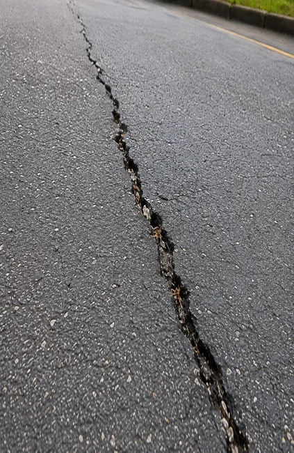 Long open crack running through asphalt pavement showing an area that may needs crack repair.