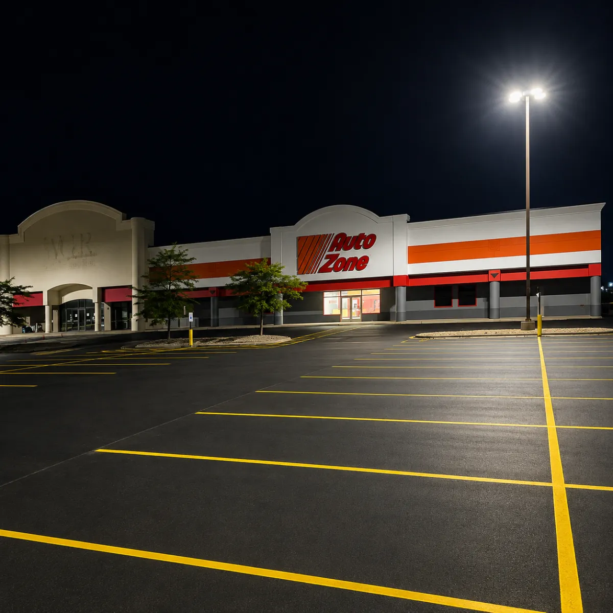 Fresh yellow parking lot striping on a commercial asphalt lot illuminated at night.