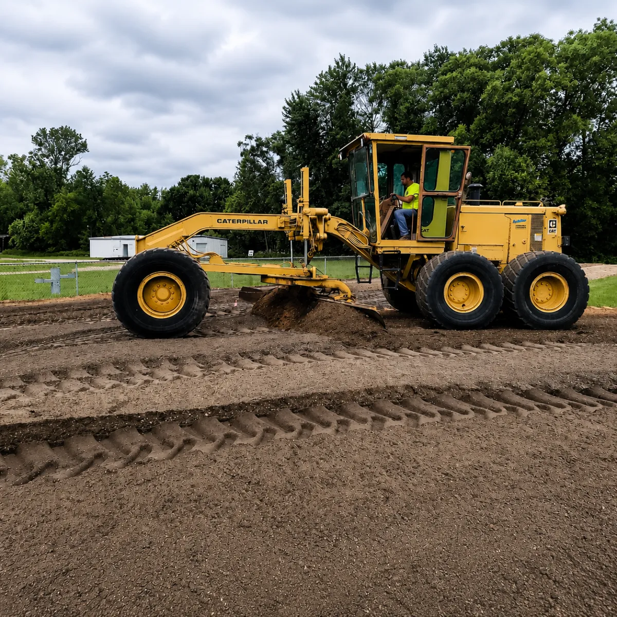 Asphalt grading and site preparation with a motor grader leveling the base.
