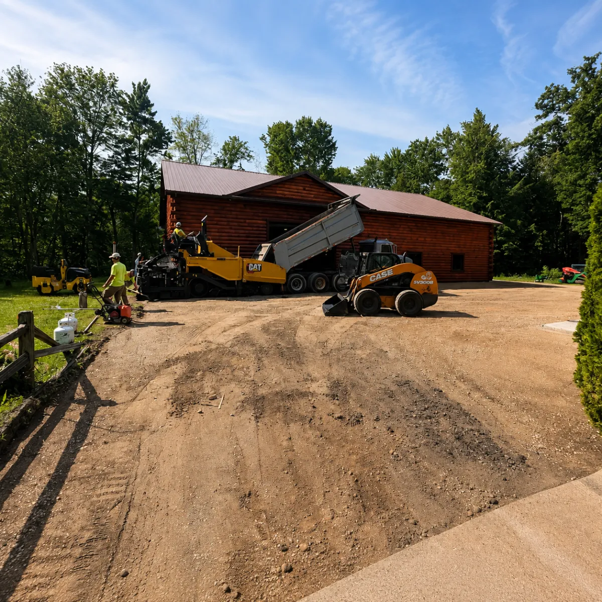Asphalt paving crew preparing and paving a residential driveway with a paver, dump truck, and skid steer.