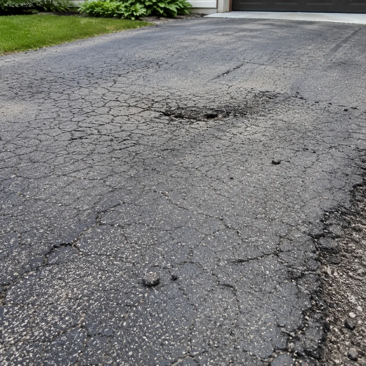 Deteriorated residential asphalt driveway with widespread cracking, surface breakup, and localized pothole damage.