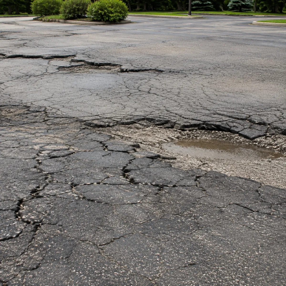 Severely deteriorated parking lot pavement with extensive cracking, broken asphalt, and standing water.
