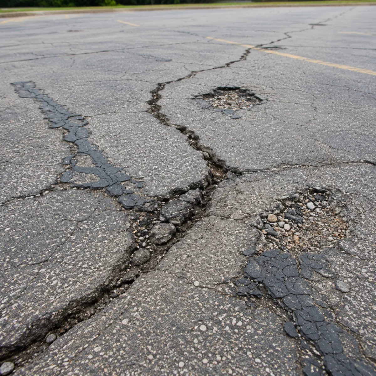 Severely cracked asphalt parking lot with potholes, failed patching, and broken pavement edges.