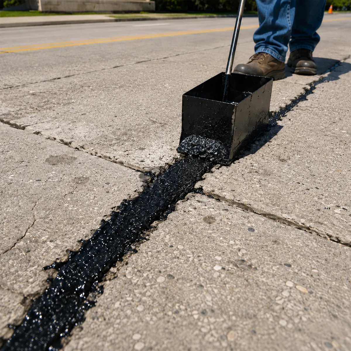 Hot-applied mastic repair material being placed into a wide crack in concrete pavement.
