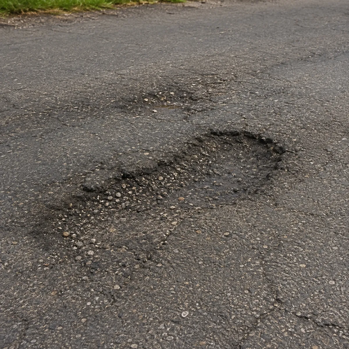 Localized asphalt surface failure with shallow depressions, loose aggregate, and worn pavement.