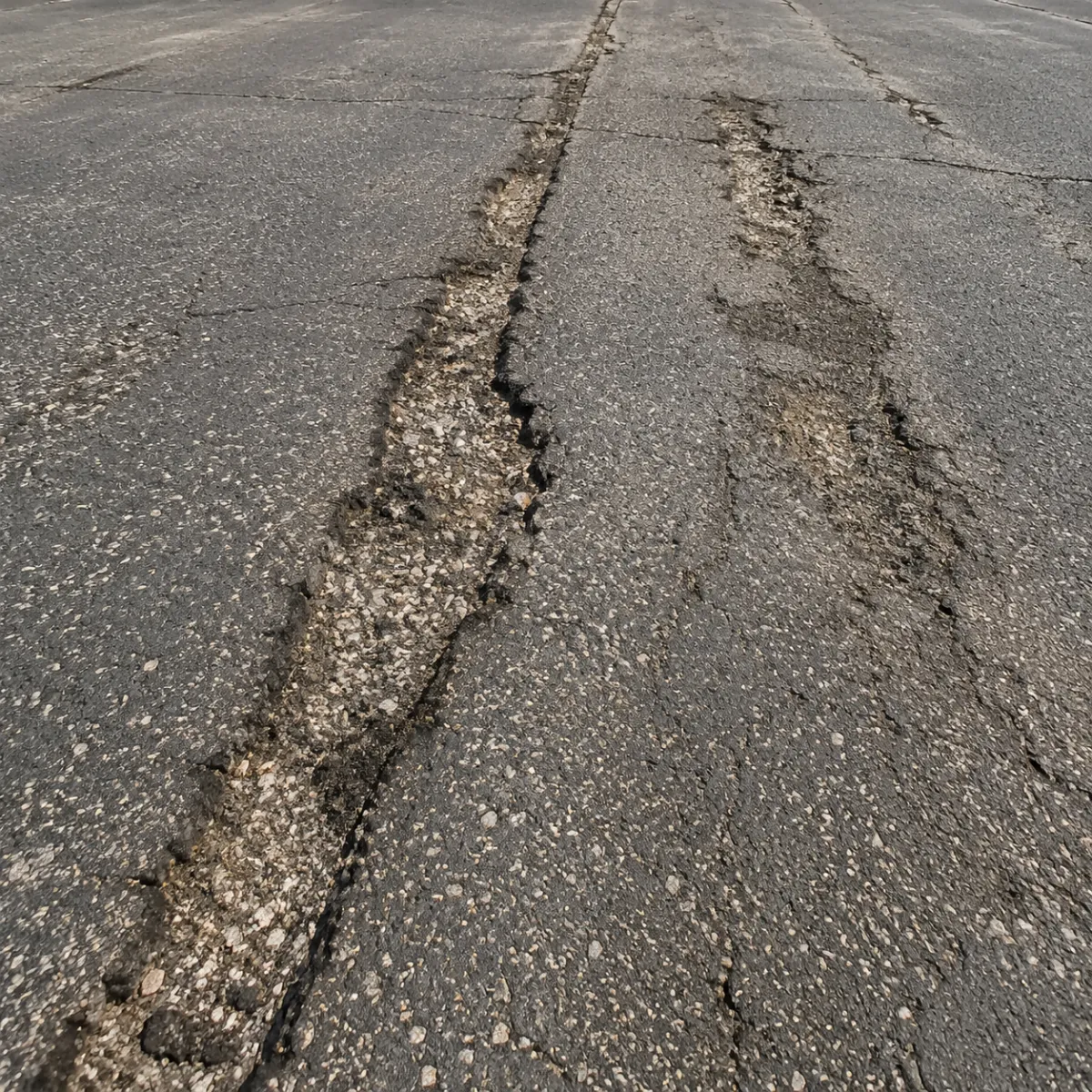 Long deteriorated asphalt joint with severe edge breakup and exposed aggregate requiring pavement repair.