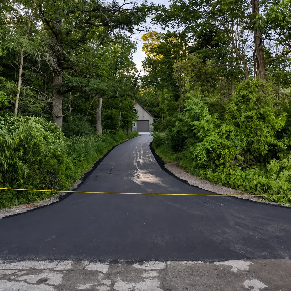 Newly paved residential asphalt driveway winding through a wooded property toward a detached garage.