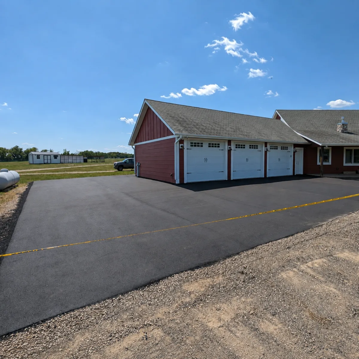 Newly paved residential asphalt driveway and parking area in front of a multi-car garage.
