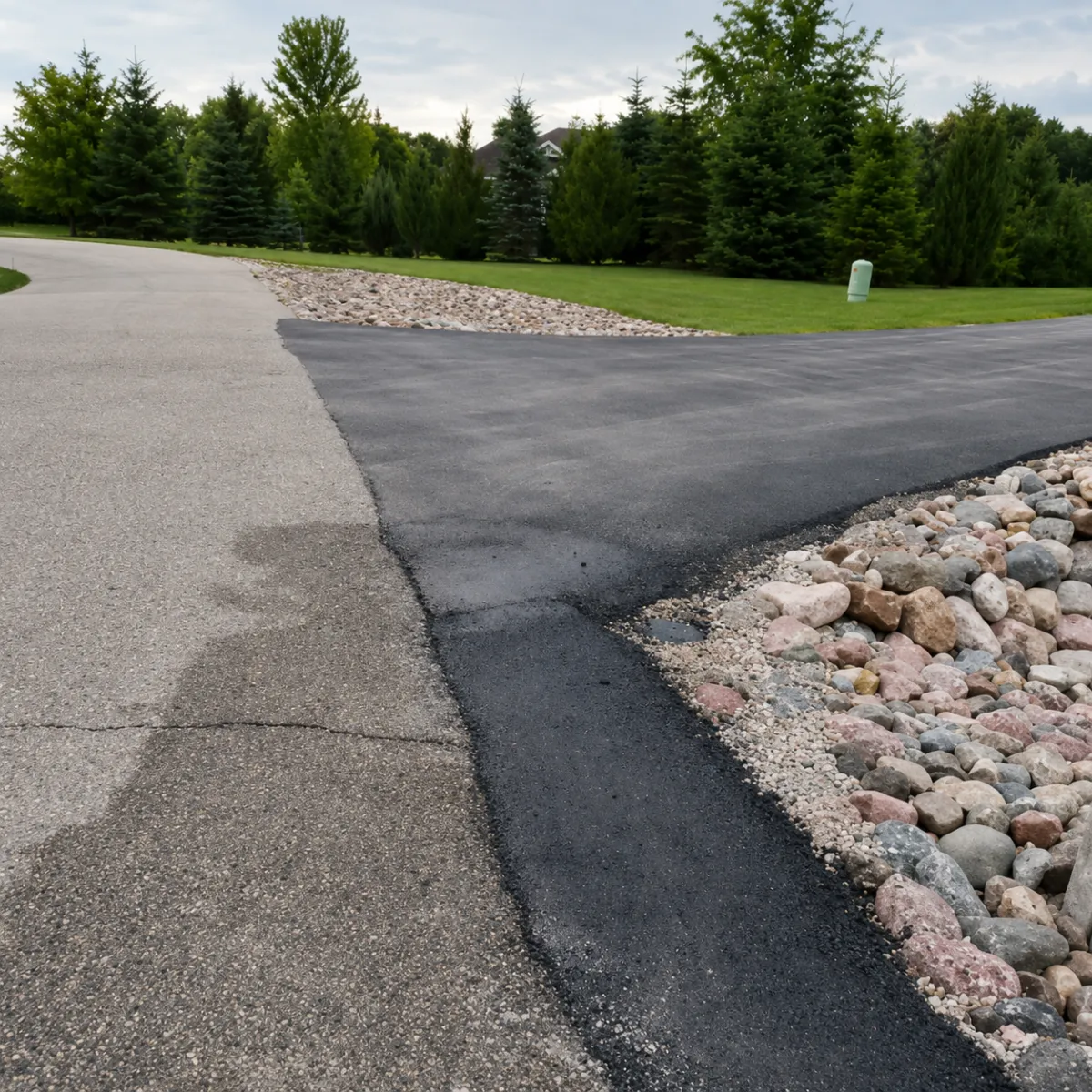 Newly paved asphalt driveway entrance connecting to an existing roadway beside landscaped stone drainage.