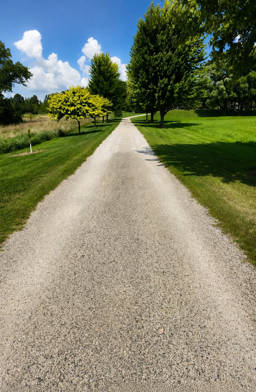 Long graded gravel driveway bordered by grass and trees, prepared as a base for asphalt paving.