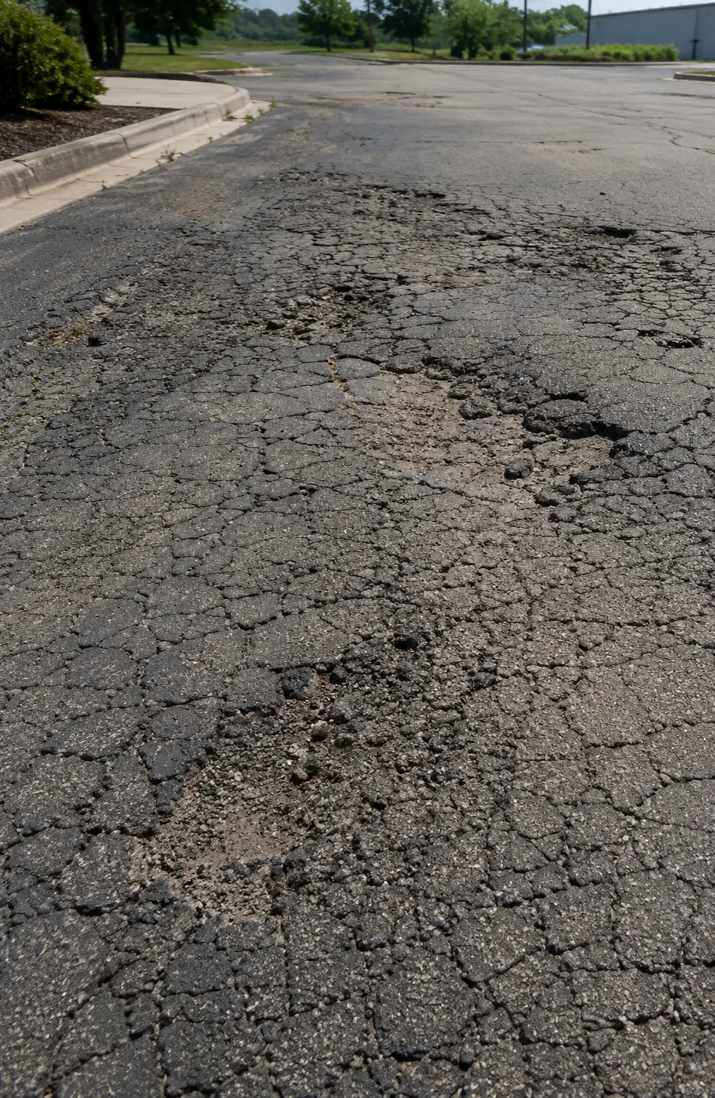 Severely deteriorated asphalt pavement with extensive cracking, surface breakup, and loose aggregate.