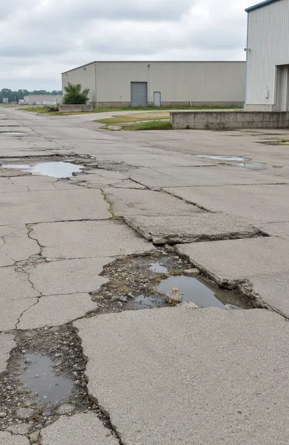 Severely deteriorated industrial concrete pavement with cracking, broken slabs, settlement, and standing water.