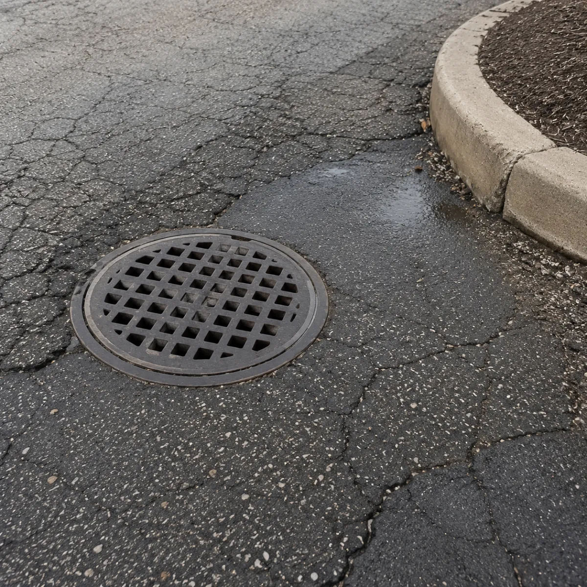 Cracked asphalt pavement with a storm drain, standing water, and localized surface deterioration