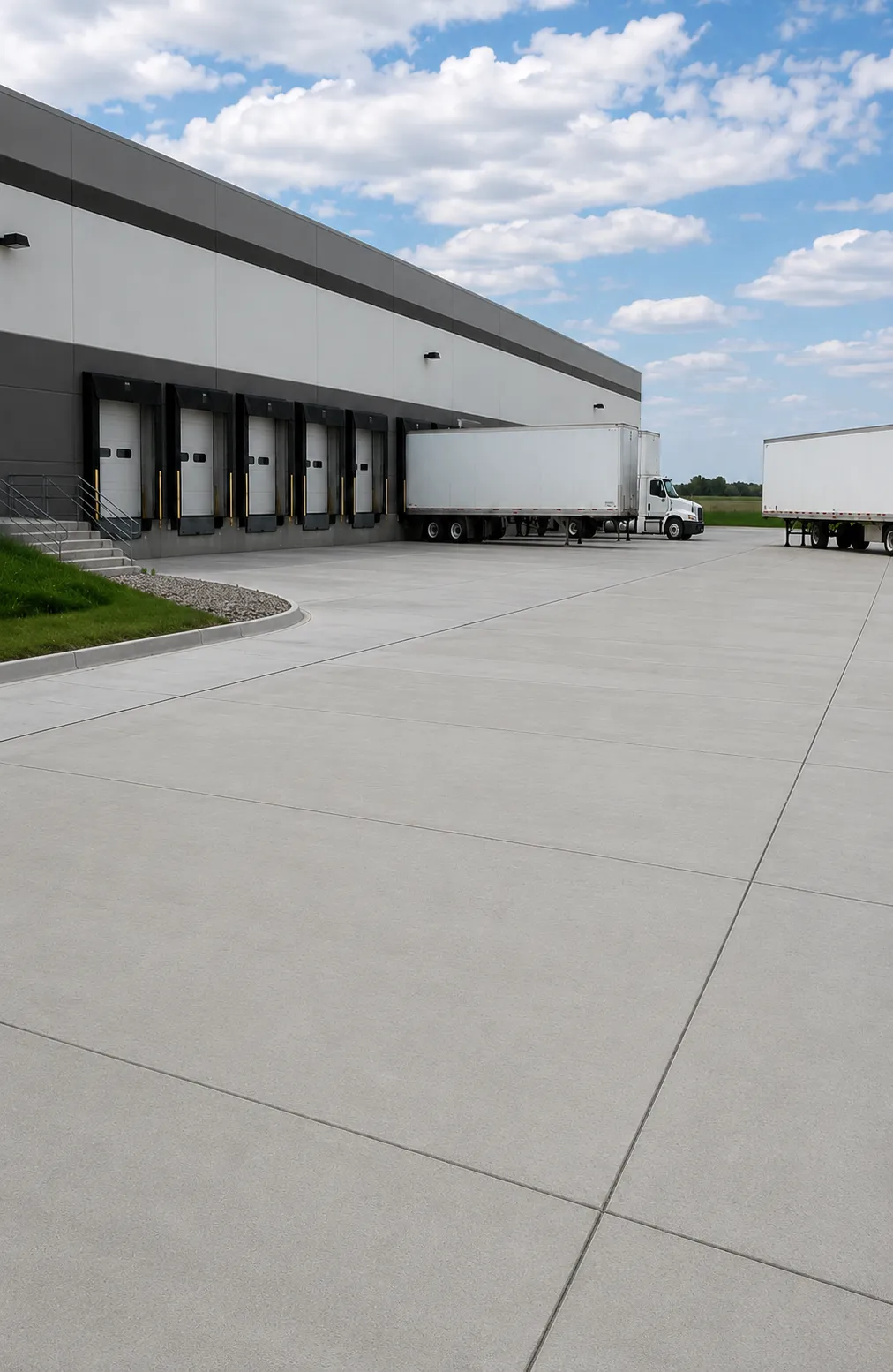 Finished commercial concrete pavement at an industrial loading dock with semi-trailers and warehouse bays.