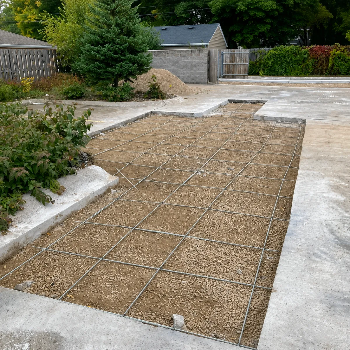 Removed concrete section prepared with rebar and compacted base for concrete replacement.