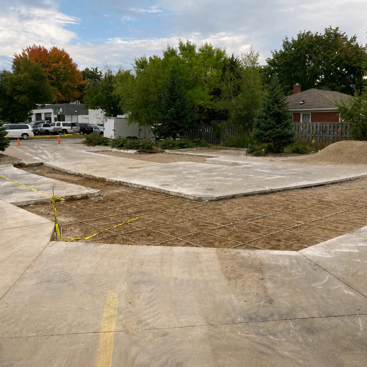 Commercial concrete pavement replacement area prepared with rebar between existing concrete sections.