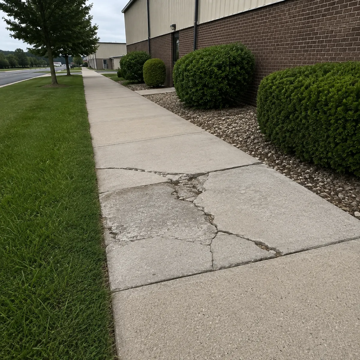 Damaged concrete sidewalk with severe cracking, broken sections, and uneven pavement requiring repair.