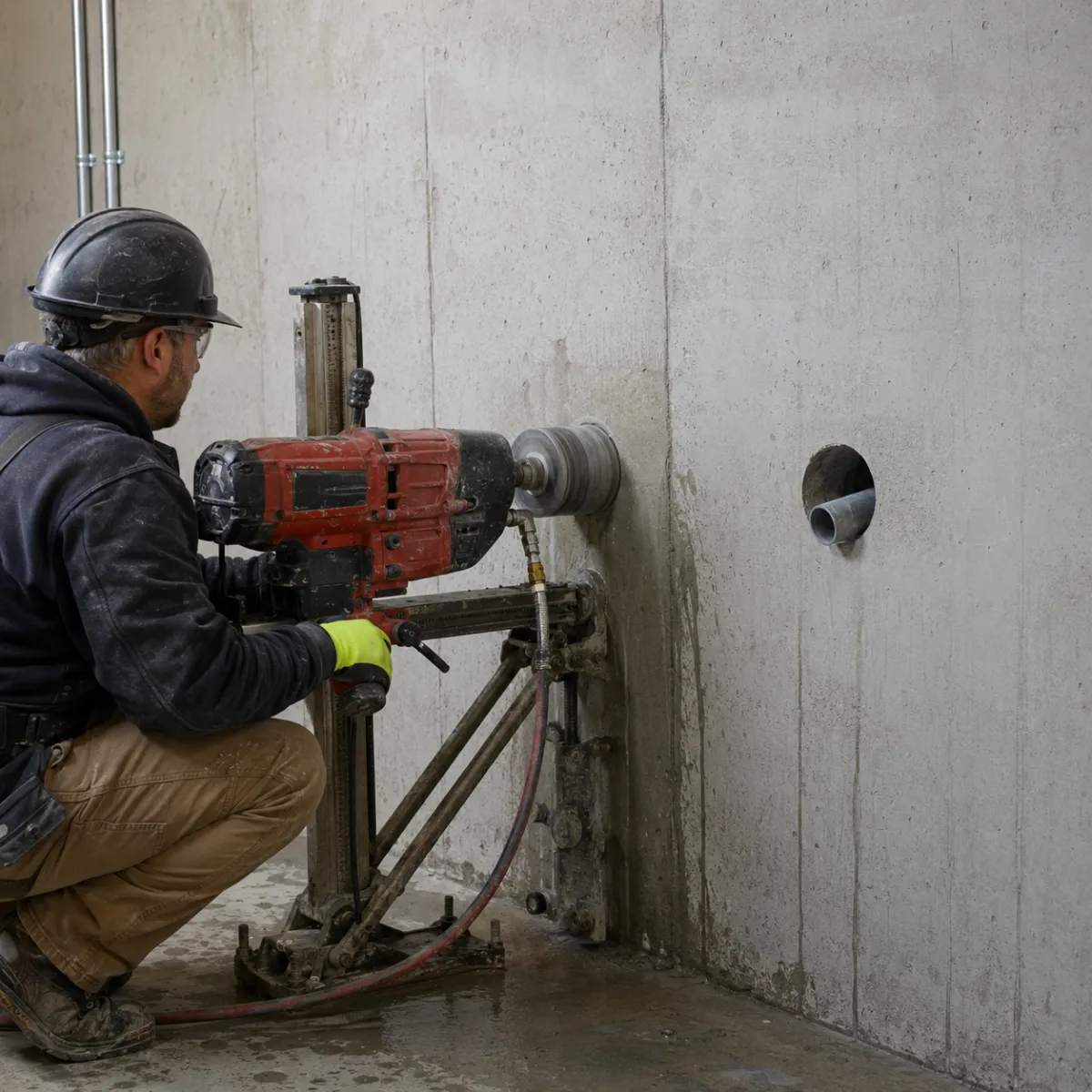 Worker performing concrete core drilling through a concrete wall for a utility penetration.