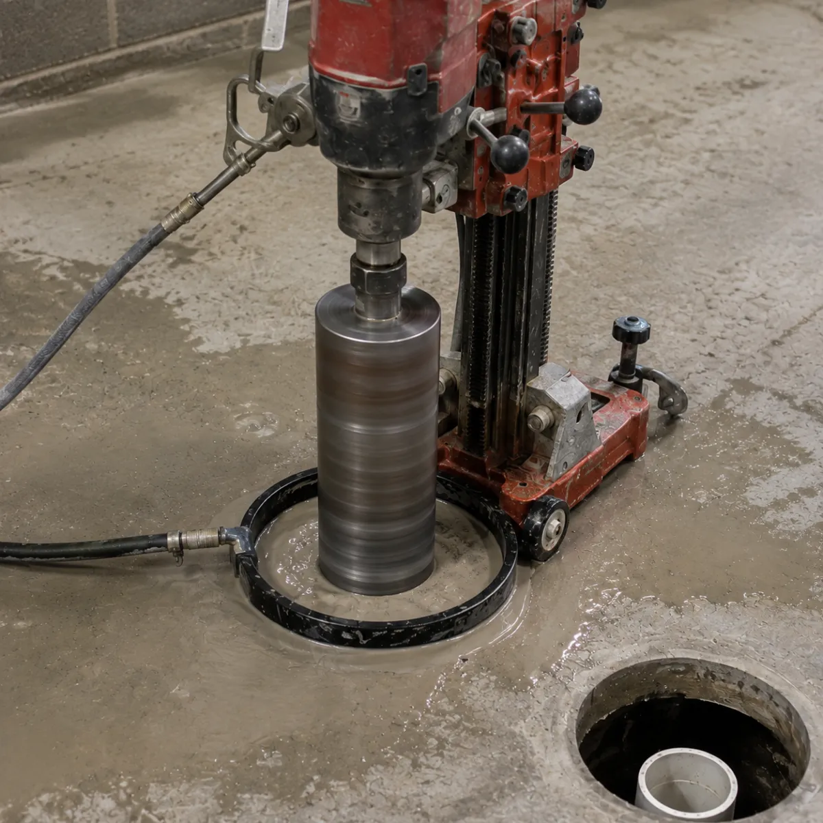 Concrete core drilling machine cutting a circular penetration through a concrete floor for utility installation.