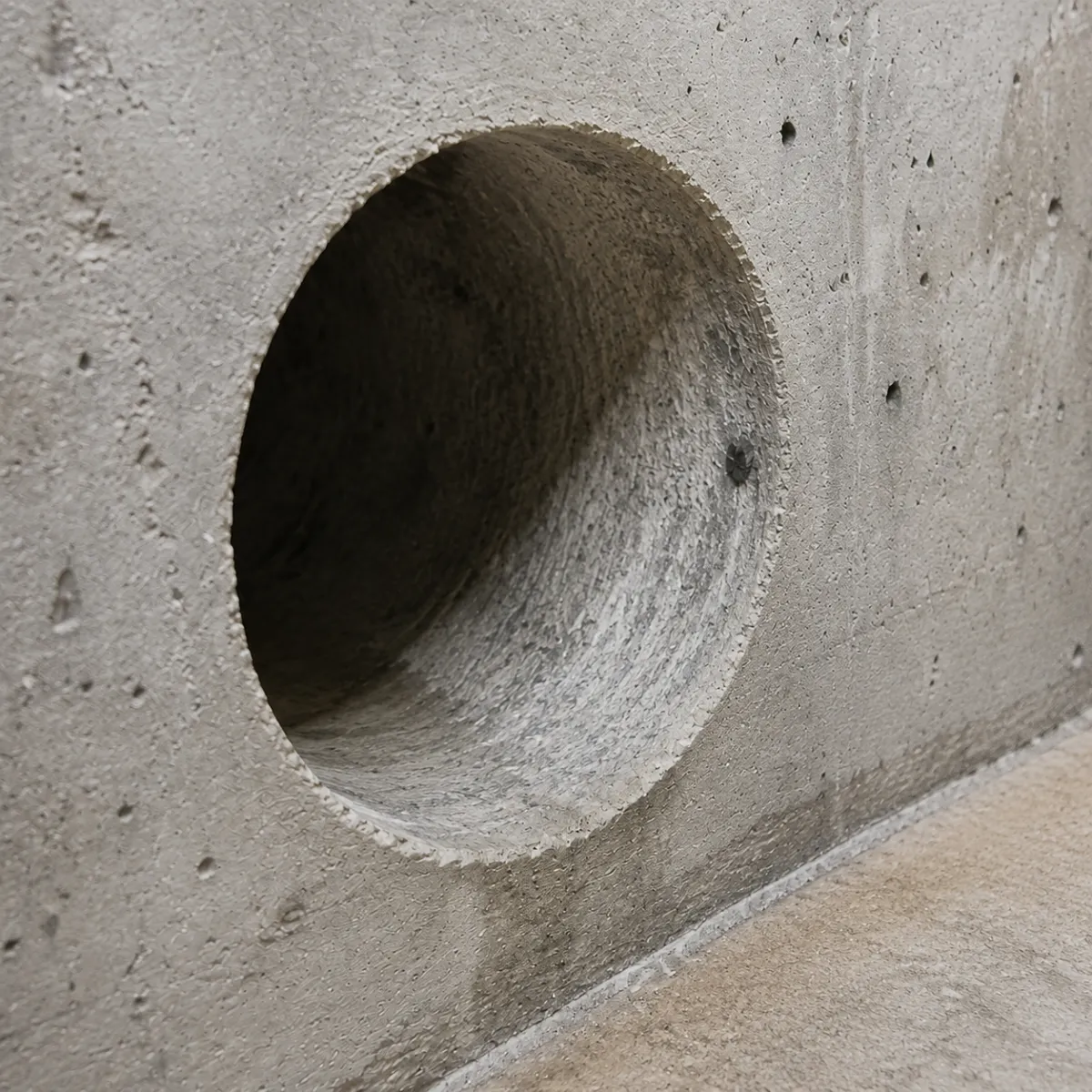 Clean circular opening created by concrete core drilling through a concrete wall.