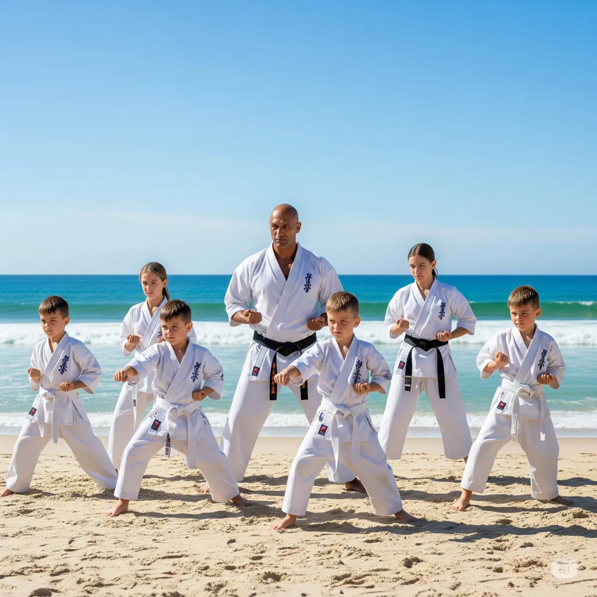 young karate kids doing martial arts on a beach with an adult leading them: