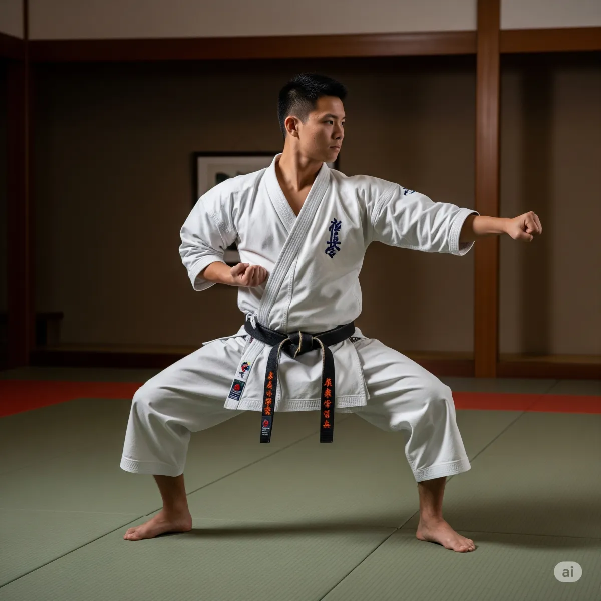 a karateka in a traditional martial arts stance