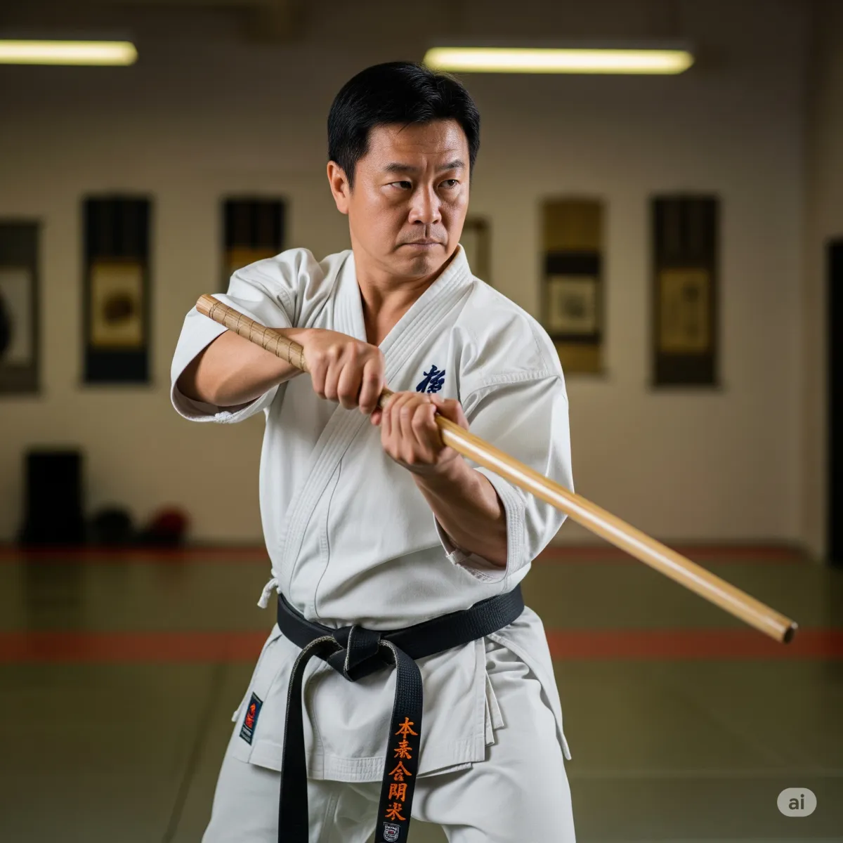 a martial artist in a karate stance with a set of tonfa