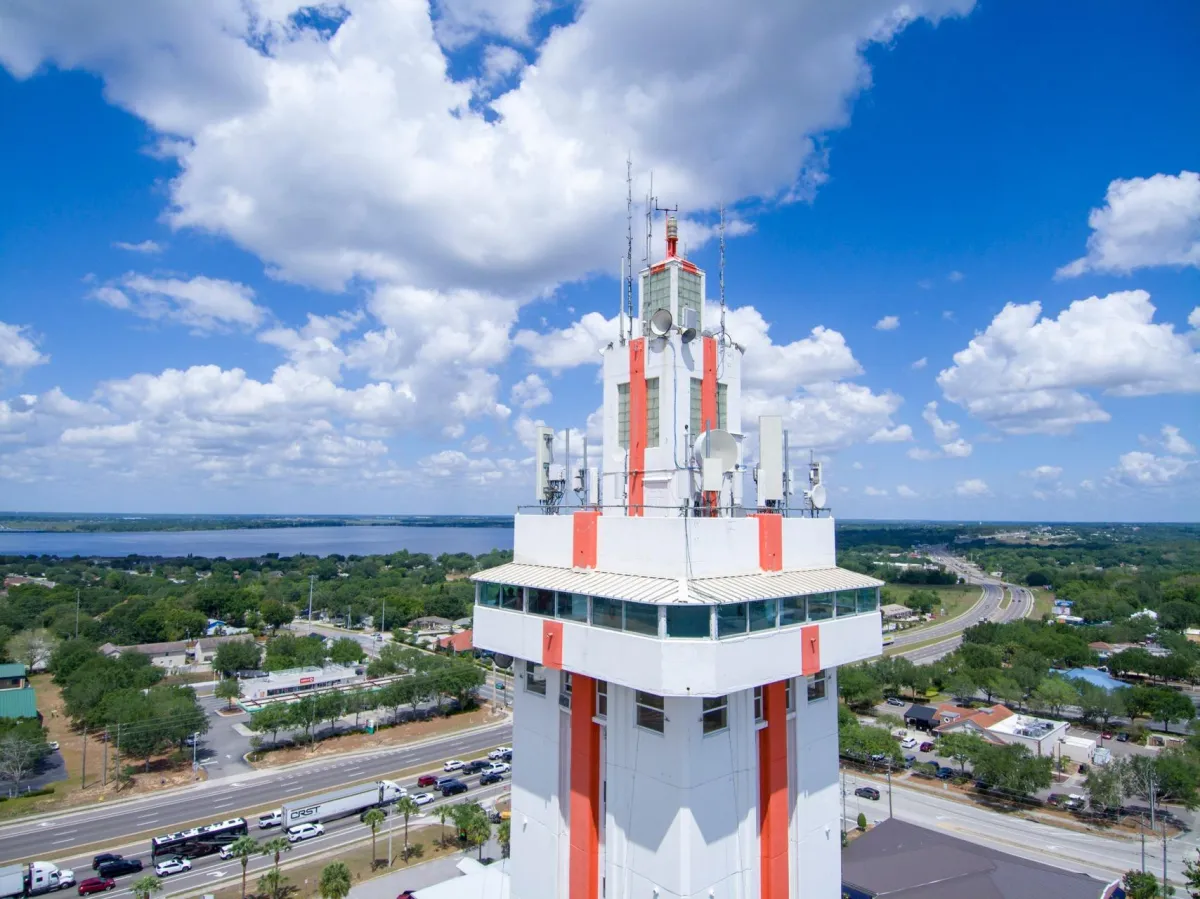 Aerial view of the top of the iconic Citrus Tower in Clermont, Florida, landmark for South Lake Karate Academy