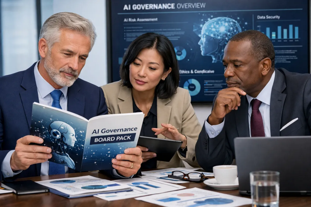 Executives reviewing AI governance board pack