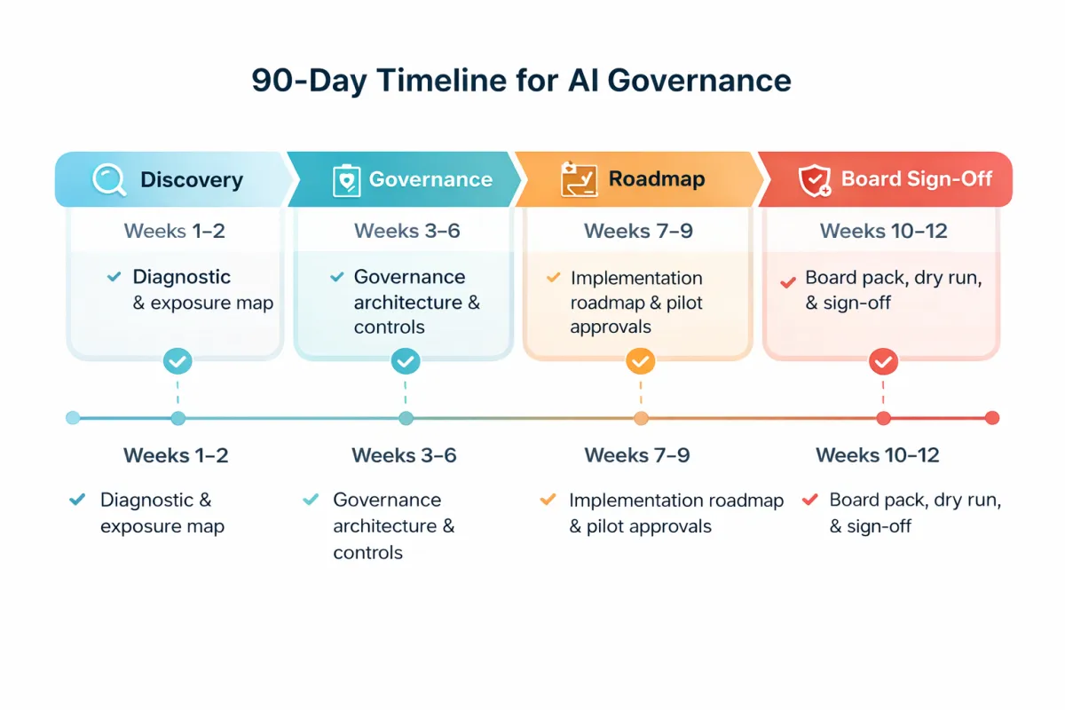 Horizontal 90-day timeline showing phases and checkpoints