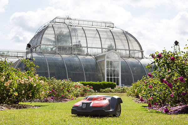 Commercial product photography of Husqvarna robotic lawnmower at Kew Gardens London for national brand campaign