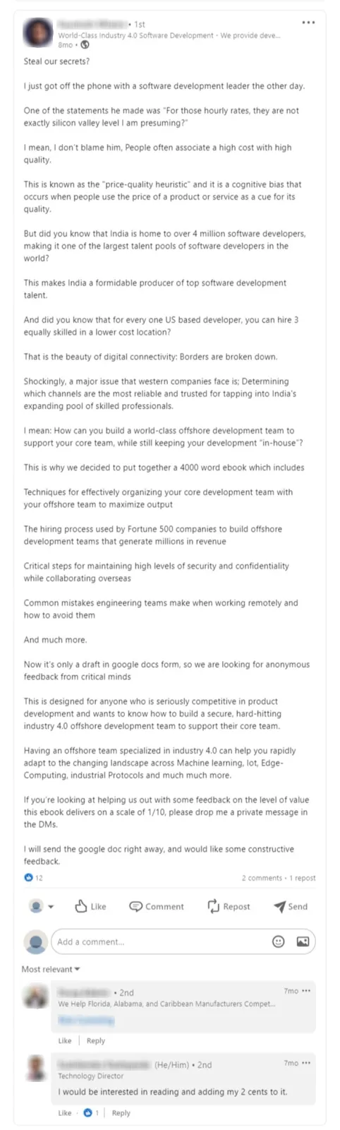 LinkedIn post engagement example for demand generation