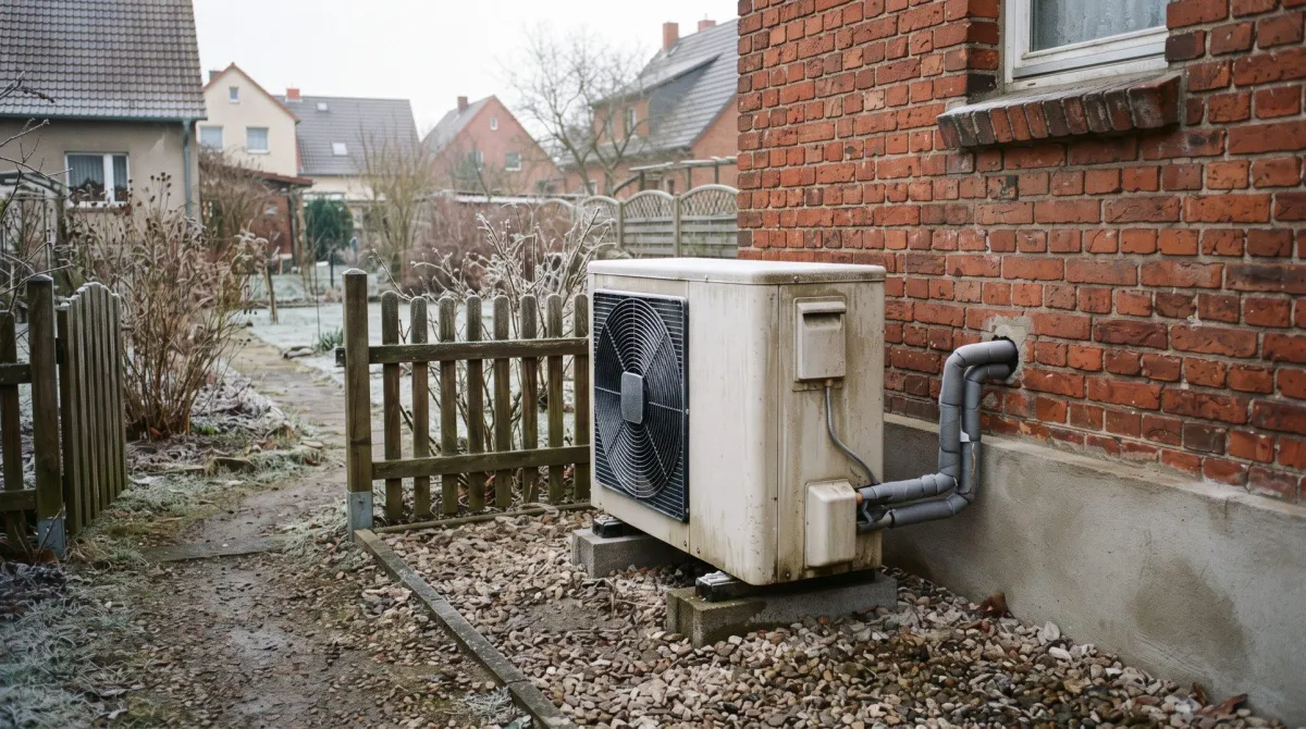 Außeneinheit einer Luft-Wasser-Wärmepumpe mit leicht bereiftem Lüftergitter neben einem Einfamilienhaus im Winter