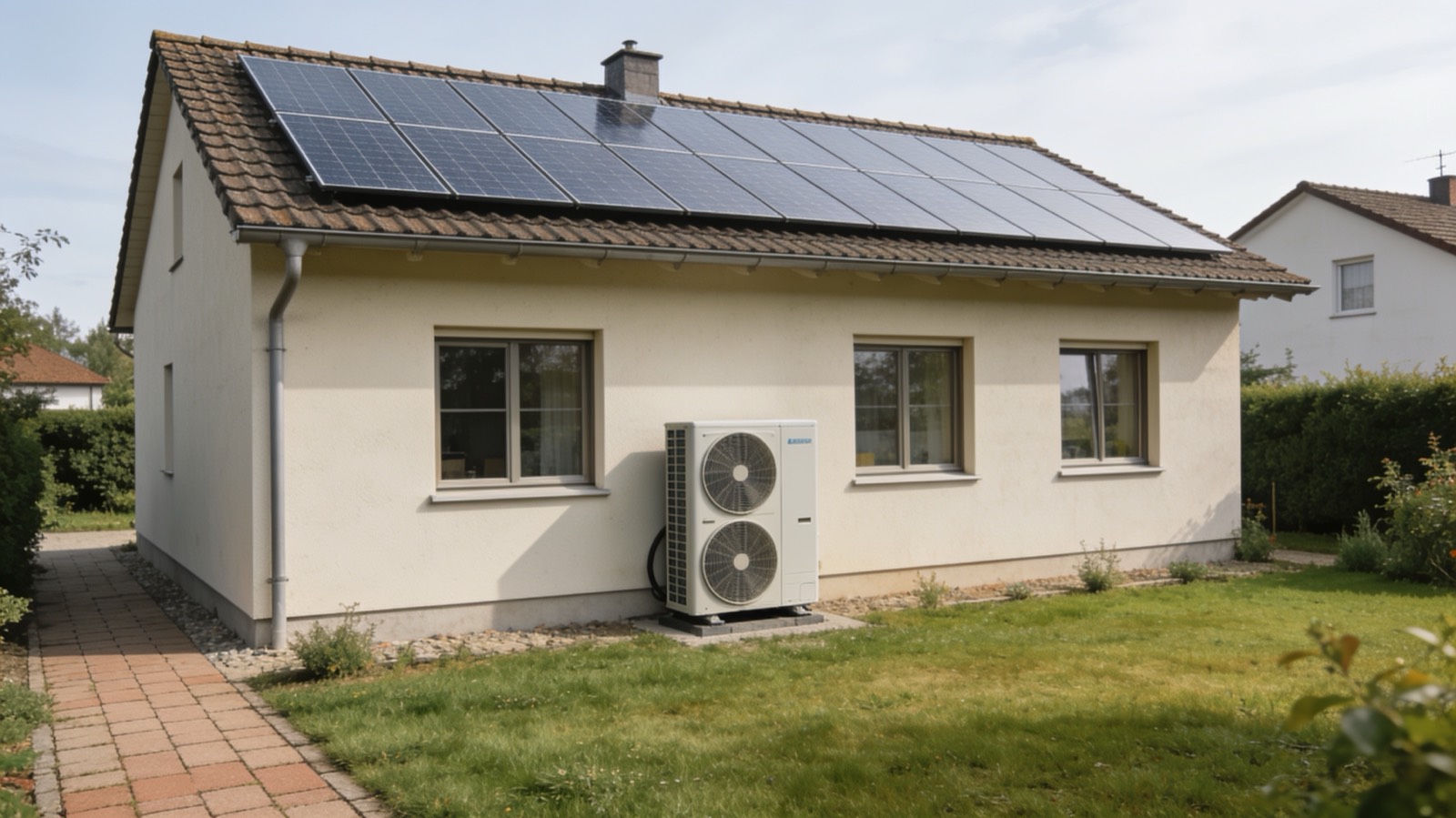 Einfamilienhaus mit Photovoltaikmodulen auf dem Dach und einer Wärmepumpe an der Hauswand