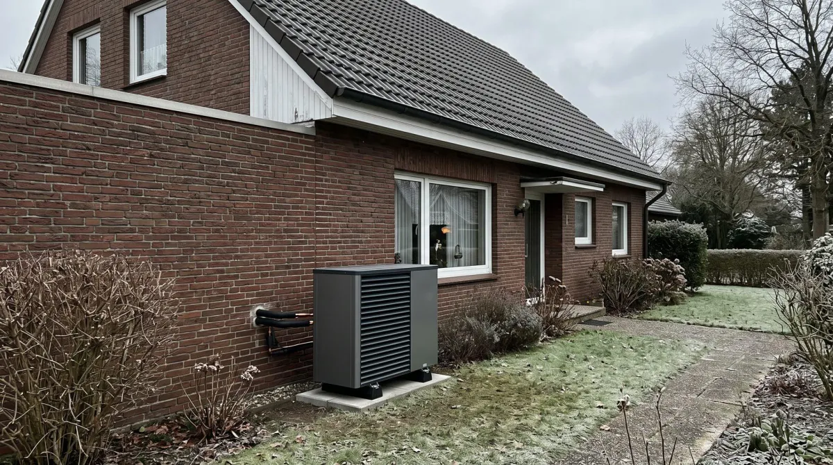 Außeneinheit einer Luft-Wärmepumpe neben einem Backsteinhaus der 1970er-Jahre, das Dach ohne Solarmodule: So sieht der Heizungsumstieg ohne Photovoltaik aus.
