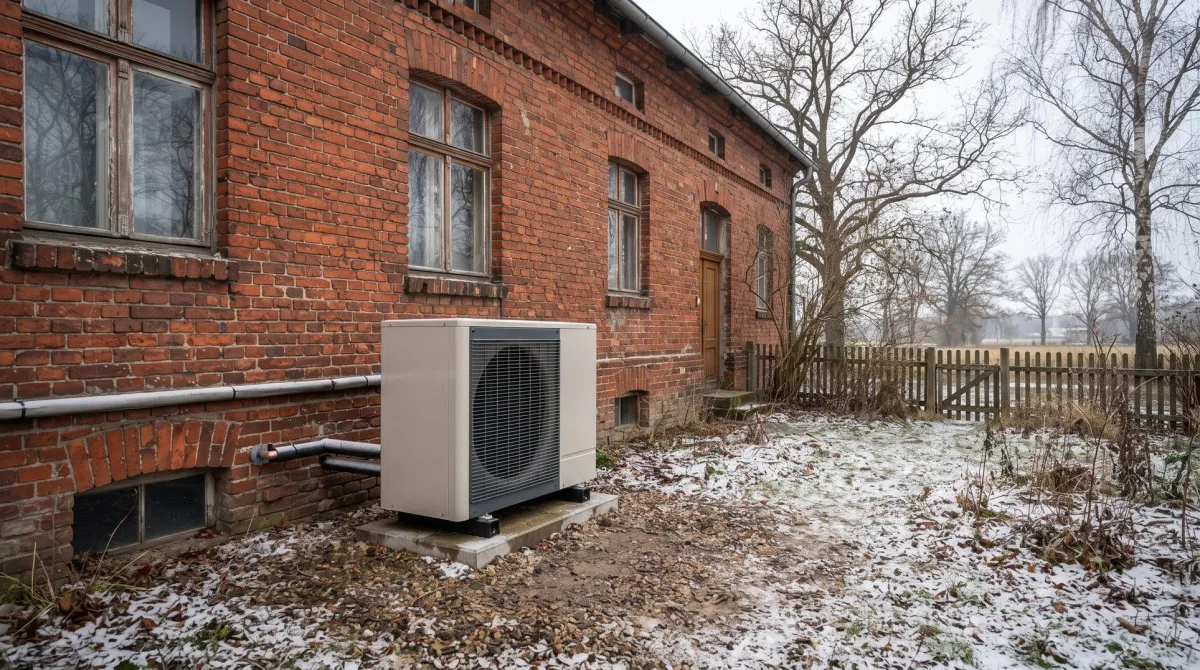 Luft-Wärmepumpe vor einem ungedämmten Ziegel-Altbau im Winter, wie sie in der Uckermark typisch nachgerüstet wird