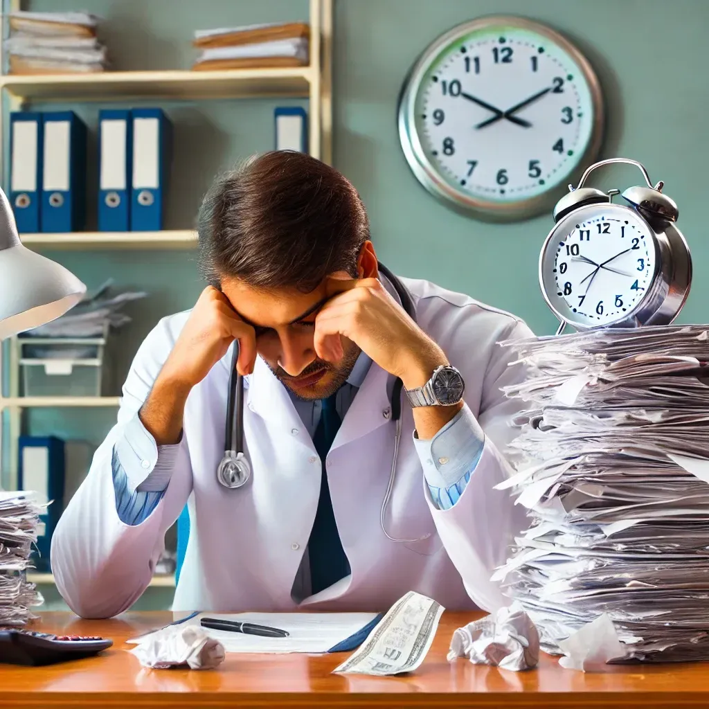 Stressed Healthcare Professional with a Stack of Paperwork