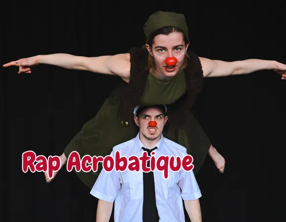 Clown students experimenting with silly props on stage