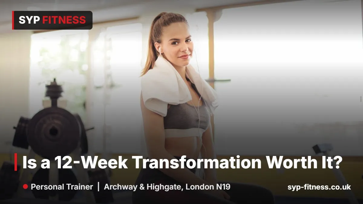 Woman smiling after a gym workout with a towel - Is a 12-Week Transformation Worth It, SYP Fitness, Archway N19