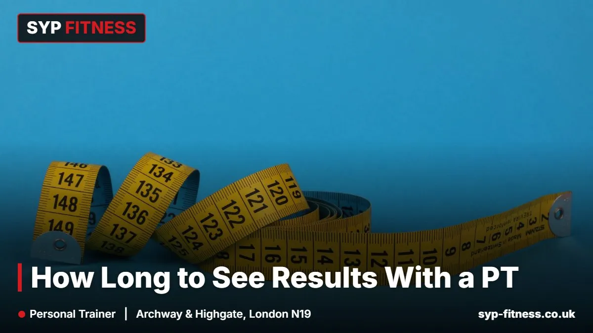 Yellow measuring tape on a blue background - how long to see results with a personal trainer, SYP Fitness, Archway N19
