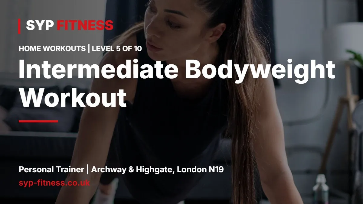 Man doing a full push-up on a mat in his living room - Intermediate Bodyweight Workout at Home: Level 5, SYP Fitness personal trainer Archway N19