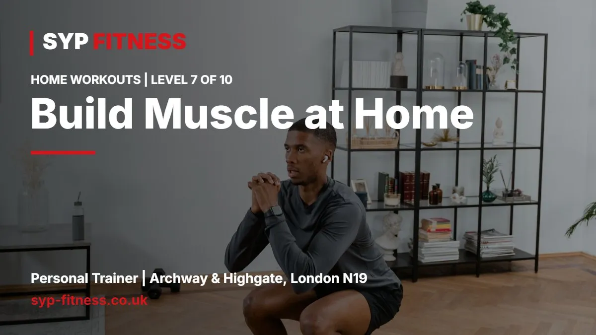 Man doing a Bulgarian split squat with his back foot on a sofa at home - Bodyweight Workout to Build Muscle: Level 7, SYP Fitness personal trainer Archway N19